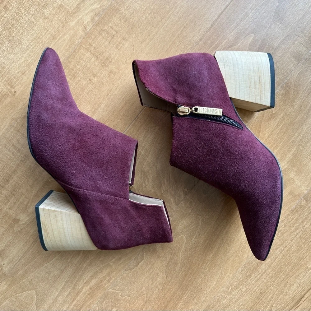 Himitsu Burgundy Suede Pointed Toe Ankle Booties, Size 39